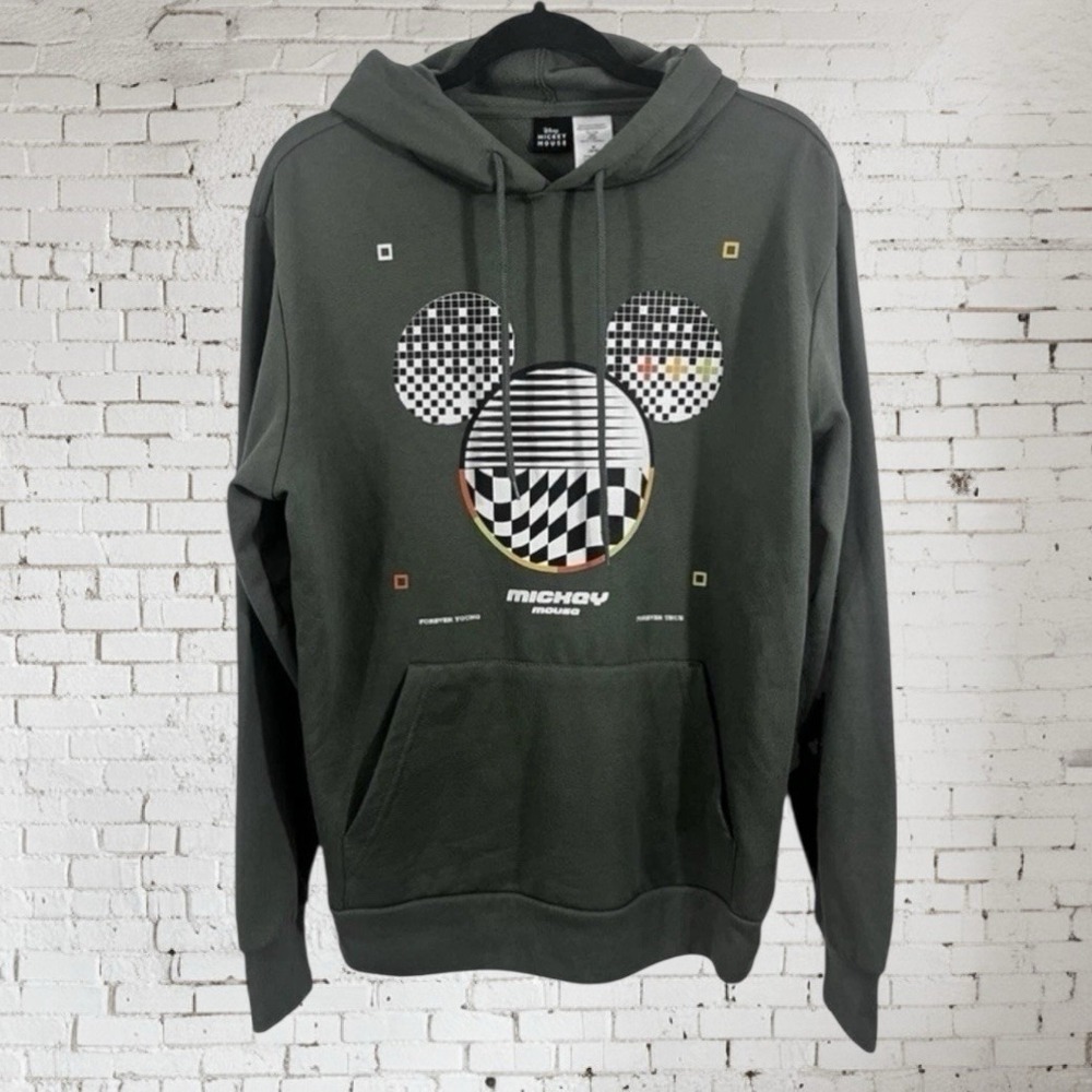 Disney Mickey Mouse Sweatshirt Pullover Medium (38-40) Logo Green Hood